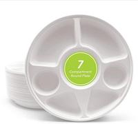Econx 7 Compartment Bagasse Plate Round Heavy Duty Disposable Dinner Plates For Restaurant, Parties, Events X 100Pk
