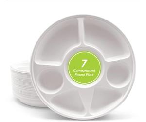 ECONX 7 Compartment Bagasse Plate Round Heavy Duty Super Strong Eco-Friendly Disposable Bagasse Plates Biodegradable Ideal for Birthday, Anniversary, BBQs, Picnics, Suitable for Hot & Cold Food (50)