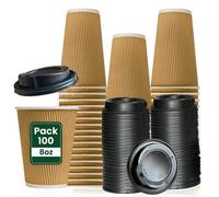 Econx 8Oz Takeaway Coffee Cups With Black Lids Triple Walled Insulated Disposable Ripple Coffee Cups (Pack Of 100)
