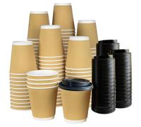 ECONX 8oz Takeaway Coffee Cups with Lids Triple Walled Disposable Coffee Cups with Lids Black Insulated Brown Ripple Cups for Hot and Cold Drinks Paper Coffee Cups for Coffee Tea 50 Pcs