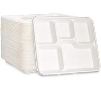 ECONX Bagasse 5 Compartment Food Tray Plate 100% Compostable Plates Eco-Friendly Disposable Sugarcane Paper Trays for Restaurants, Parties, Special Events, and Other Types of Food Service (50)