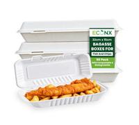 Econx Biodegradable Clamshell Boxes 32X15Cm Bagasse Fish And Chips Takeaway Food Containers Pack Of 50
