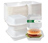 ECONX Clamshell Bagasse Takeaway Burger Boxes 450ml 6x6 inch Pack Of 50 For Hot & Cold Food White Biodegradable Compostable & Eco-Friendly Food Boxes Bagasse Takeaway Boxes For Sandwich, Chips, BBQ