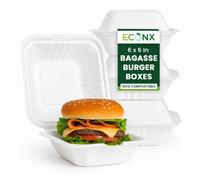 Econx Clamshell Bagasse Takeaway Burger Boxes 6X6 Inch Biodegradable Food Boxes 450Ml Pack Of 200