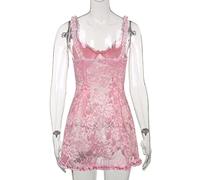 Ecoodisk Elegant Lady Floral Lace See Through Mini Dress Vintage Frill Backless A-line Dress Women Retro Clothes-Pink,L