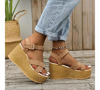 Ecoodisk Fashion Wedge Sandals for Women Summer Casual Non-slip Peep Toe Platform Shoes Buckle Elegant Heels Women-Khaki,38