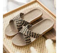 Ecoodisk Japanese-style straw slippers four seasons linen men and women home summer non-slip beach shoes home couple floor sandals and slippers women,D,38
