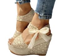 Ecoodisk Lace Leisure Women Wedges Heeled Women Shoes Summer Sandals Party Platform High Heels Shoes-Gold,37