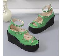 Ecoodisk New Wedge Heel Platform Sandals Women Round Toe Open Toe Sandal Back Zipper Woman Shoe Gold Rivet plus size-Green,41