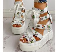 Ecoodisk Summer New Floral High Platform Street Fashion Casual White and Black Woman Shoes Wedges Sandals Big Size-White,41