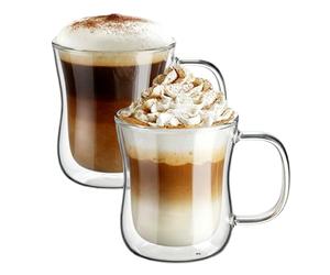 ecooe 2x350ml Double Walled Coffee Glasses Mugs Cappuccino Latte Macchiato Glasses Cups with Handle Borosilicate Heat Resistant Glass Cups for Coffee Tea Milk Juice Ice Cream