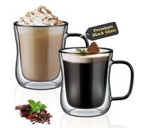 ecooe 2x350ml Unique Black Double Walled Coffee Glasses Mugs Cappuccino Latte Macchiato Glasses Cups with Handle Borosilicate Heat Resistant Glass Cups for Coffee Tea Milk Juice Ice Cream