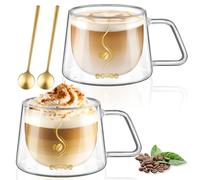 ecooe 350ml Double Walled Coffee Glasses Mugs Cappuccino Latte Macchiato Glasses Cups Set of 2 with Handle and Spoon Borosilicate Heat Resistant Glass Cups for Coffee Tea Milk Juice Ice Cream