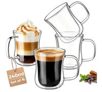 ecooe 4 Pack Double Walled Glass Coffee Cups 240ml Cappuccino Drinking Cups Clear Latte Macchiato Glass Coffee Mugs with Handle Borosilicate Glasses Cups for Coffee Tea Milk Juice Ice Cream