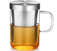 ecooe 500 ml(Full Capacity) Tea Cup Borosilicate Glass Tea Mug with Silver Stainless Steel Infuser and Lid, Glass Tea Cup with Handle for Brewing Loose Leaf Tea, Milk, Juice in Home or Office