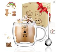 ecooe Cute Bear Mug 280ml Double Walled Glass Mug Coffee Cup Cappuccino Latte Glass Milk Tea Cup with Handle, Birthday Christmas Valentine's Day Bear for Women Wife Mum Girls Boys Kids Friends