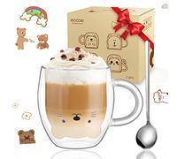 ecooe Cute Bear Mug Glass Coffee Cup 290ml Double Walled Cappuccino Latte with Handle and Spoon Clear Borosilicate Heat Resistant Coffe Gift for Women Birthday (GWKAX01-C)