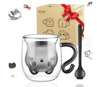 ecooe Cute Cat Mug Double Walled Glass 290ml Coffee Cup Cappuccino Latte with Handle and Spoon, Clear Borosilicate Heat Resistant Coffe Tea Gift Mum Birthday, Type1-black (GWKAC01-C)