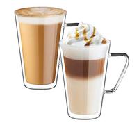 ecooe Double Walled Latte Macchiato Glasses Cups Borosilicate Glass Cups Set of 2 450ml Coffee Glass Tea Glasses with Handle for Cappuccino, Latte Macchiato, Tea, Ice Cream, Milk, Beer