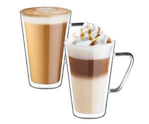 ecooe Double Walled Latte Macchiato Glasses Cups Borosilicate Glass Cups Set of 2 450ml Coffee Glass Tea Glasses with Handle for Cappuccino, Latte Macchiato, Tea, Ice Cream, Milk, Beer