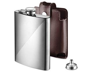 Ecooe Stainless Steel Hip Flask 227ml/8oz with Funnel and Brown Synthetic Leather Pouch, Alcohol Whiskey Flask