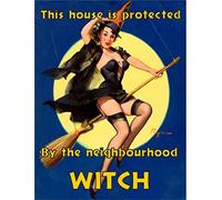 Ecool pin up girl This house is protected by the neighbourhood witch retro shabby chic vintage style picture metal wall plaque sign (200mm x 150mm)