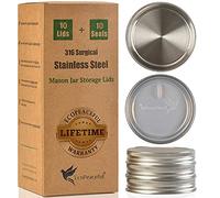 EcoPeaceful 10 Mason Jar Lids - 316 Surgical Stainless Steel Lids for Mason Jar Regular Mouth w/Silicone Seal. Dry & Liquid Storage Lids - Vegan, BPA-Free, PVC-Free, Phthalate-Free - Not for Canning