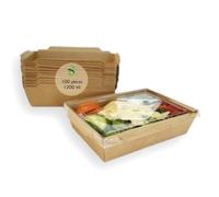 ECOPICNIC 100 Pack Kraft Lunch Boxes with Clear Lids 1200 ml | Disposable Takeaway Food Containers, Eco-Friendly Boxes for Salads, Sandwiches, Desserts, and Snacks