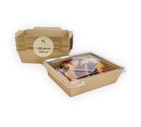 ECOPICNIC 100 Pack Kraft Lunch Boxes with Clear Lids 900 ml | Disposable Takeaway Food Containers, Eco-Friendly Boxes for Salads, Sandwiches, Desserts, and Snacks