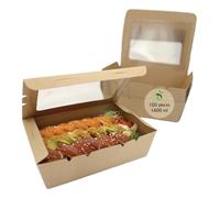ECOPICNIC 100 Pack Kraft Lunch Boxes with Windowed Lid 1600 ml | Disposable Food Containers for Salads, Snacks, Lunch, Eco-Friendly Takeaway Packaging