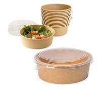 ECOPICNIC 300 Pack Kraft Salad Bowls with PP Lids 1300 ml | Disposable Food Containers for Salads, Soups, and Takeaway, Eco-Friendly Paper Bowls with Clear Leak-Proof Lids