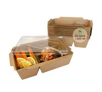 ECOPICNIC 50 Pack Kraft Lunch Boxes with Clear Lid, 2 Compartments 1200 ml | Disposable Food Containers for Salads, Sandwiches, Desserts, Eco-Friendly Takeaway Packaging
