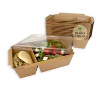 ECOPICNIC 50 Pack Kraft Lunch Boxes with Clear Lid, 2 Compartments 1600 ml | Disposable Food Containers for Salads, Sandwiches, Desserts, Eco-Friendly Takeaway Packaging