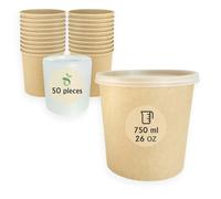 ECOPICNIC 50 Pack Kraft Paper Soup Containers with PP Lids 750 ml | Disposable Bowls for Hot and Cold Food, Takeaway Cups, Eco-Friendly Biodegradable Microwavable and Freezer-Safe