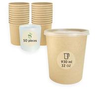 ECOPICNIC 50 Pack Kraft Paper Soup Containers with PP Lids 930 ml | Disposable Bowls for Hot and Cold Food, Takeaway Cups, Eco-Friendly Biodegradable Microwavable and Freezer-Safe