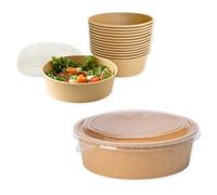 ECOPICNIC 50 Pack Kraft Salad Bowls with PP Lids 1100 ml | Disposable Food Containers for Salads, Soups, and Takeaway, Eco-Friendly Paper Bowls with Clear Leak-Proof Lids