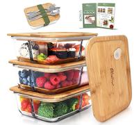 EcoPreps Glass Bento Box Containers with Bamboo Lids, 3 Compartment Glass Meal Prep Containers [3 Pack] - 100% Plastic Free, Eco-Friendly Glass Lunch Containers, Bamboo Glass Bento Boxes for Adults