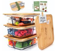 EcoPreps Glass Bento Box Containers with Bamboo Lids, 3 Compartment Glass Meal Prep Containers (3 Pack) - 100% Plastic Free, Eco-Friendly Lunch Container Set, Bamboo Lid Bento Boxes for Adults
