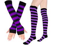 ECOSCO Womens Rainbow Stripe Knee Thigh High Socks Arm Warmer Fingerless Gloves (1 pairs Socks&1 pairs Gloves-Purple)