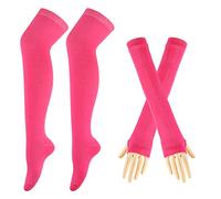 ECOSCO Womens Rainbow Stripe Knee Thigh High Socks Arm Warmer Fingerless Gloves (Rose)