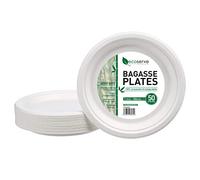 ecoserve tableware 50 Paper Plates White Bagasse Plates 7 Inch - Eco-Friendly Biodegradable and Compostable Perfect for Picnics BBQs and Parties