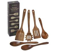 EcoSlurps 6 Premium Teak Wood Kitchen Utensil Set - British Designed Wooden Cooking Utensils - Plastic Free Wooden Spoons and spatulas - Luxury Kitchen Gift (6 Cooking utenils Set)