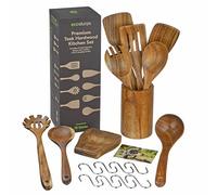 EcoSlurps Premium Teak Wood Kitchen Utensil Set - 8 Wooden Cooking Utensils, Spoon Rest and Storage Holder, 8 Hanging Hooks. Total 18-Piece Luxury Gift Set (18)