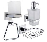 EcoSpa Bathroom 4 Piece Set - Chrome Soap Dish, Liquid Soap Dispenser, Frosted Glass Tumbler & Towel Ring, Wall Mounted with Concealed Fixings
