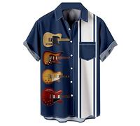 Ecosunny Bowling Shirts for Men Hawaiian Short Sleeve Graphic Printed Casual Button Down Beach Shirt, A Music Guitar Blue, 3XL