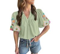 Ecosunny Women's Boho Embroidered Tops V Neck Floral Short Puff Sleeve Casual Shirts Loose Tunic Summer Blouses Fashion 2026, Light Green, M
