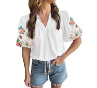 Ecosunny Women's Boho Embroidered Tops V Neck Floral Short Puff Sleeve Casual Shirts Loose Tunic Summer Blouses Fashion 2026, A-white, XL