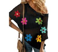 Ecosunny Womens Summer Crochet Tops Scoop Neck Short Sleeve Pullover Sweater Hollow Out Knit Tops Shirts Beach Cover Ups, A-black Flower, L