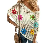 Ecosunny Womens Summer Crochet Tops Scoop Neck Short Sleeve Pullover Sweater Hollow Out Knit Tops Shirts Beach Cover Ups, A-white Flower, Small