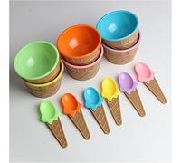 ECOSWAY 6 Pcs 6 Color Ice Cream Waffle Cups Shape Children Dessert Bowls and Spoons Set,Double Thickening Plastic Ice Cream Cup,Creative Children's Anti-hot Tableware